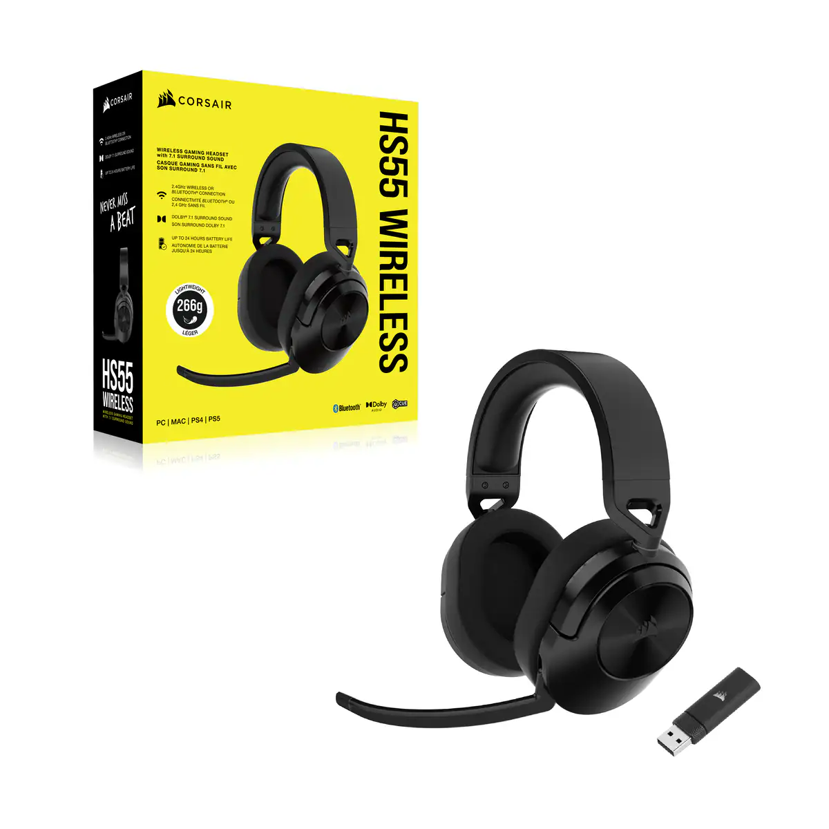 Fekete Corsair HS55 Wireless gaming headset dobozzal és USB adapterrel, fehér háttérrel.