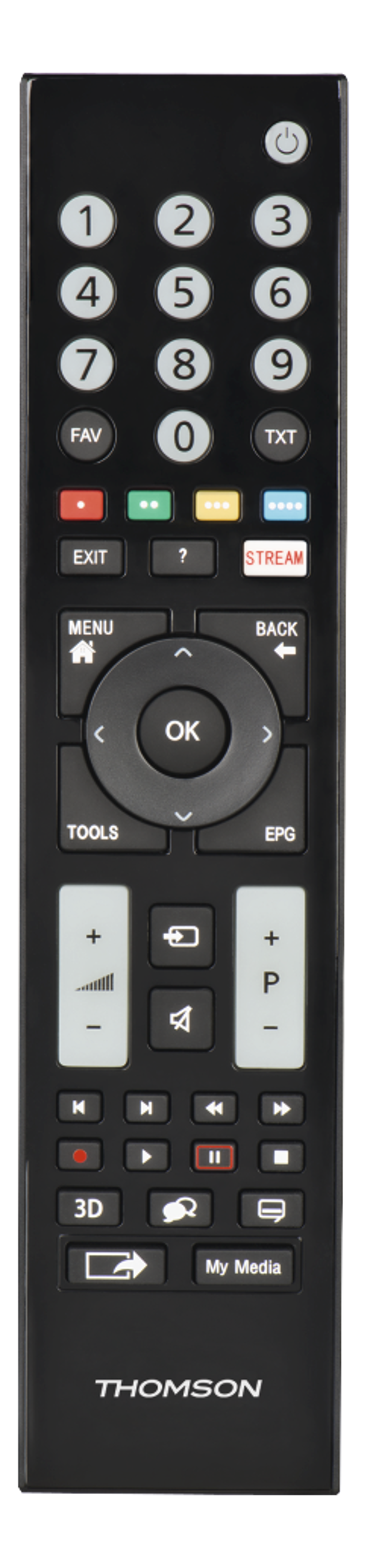 Télécommande Thomson noire avec différents boutons, dont des chiffres, des menus et des commandes de volume.