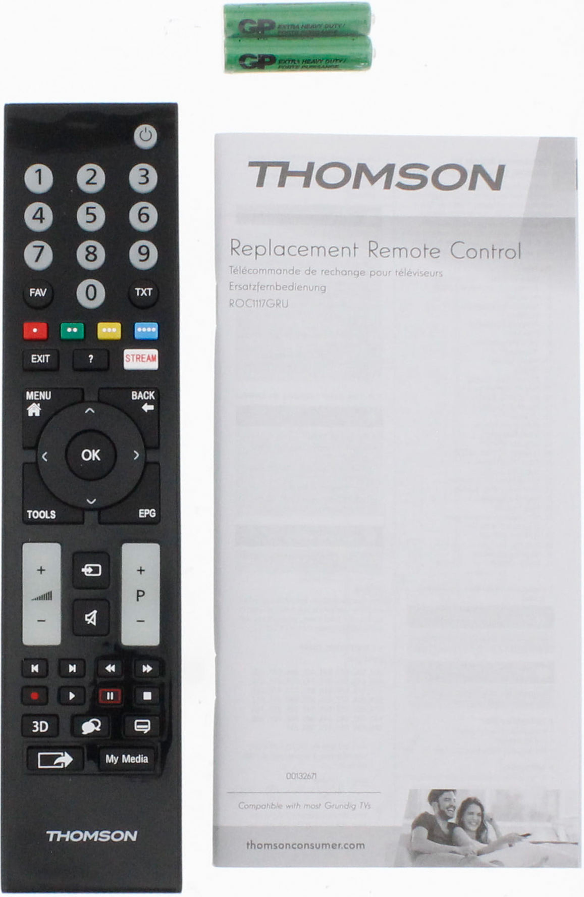 Télécommande, piles et manuel d'utilisation sur fond blanc.