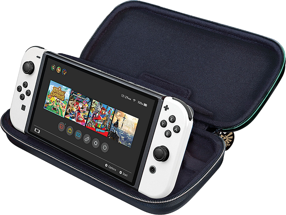 Nintendo Switch játékokkal egy kék tokban, Zelda dizájnnal.