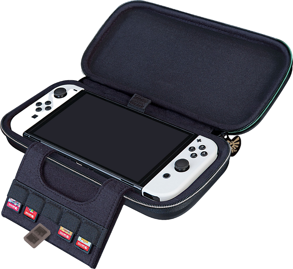 Egy fekete Nintendo Switch egy hordtáskában. Játékkazetták láthatók.