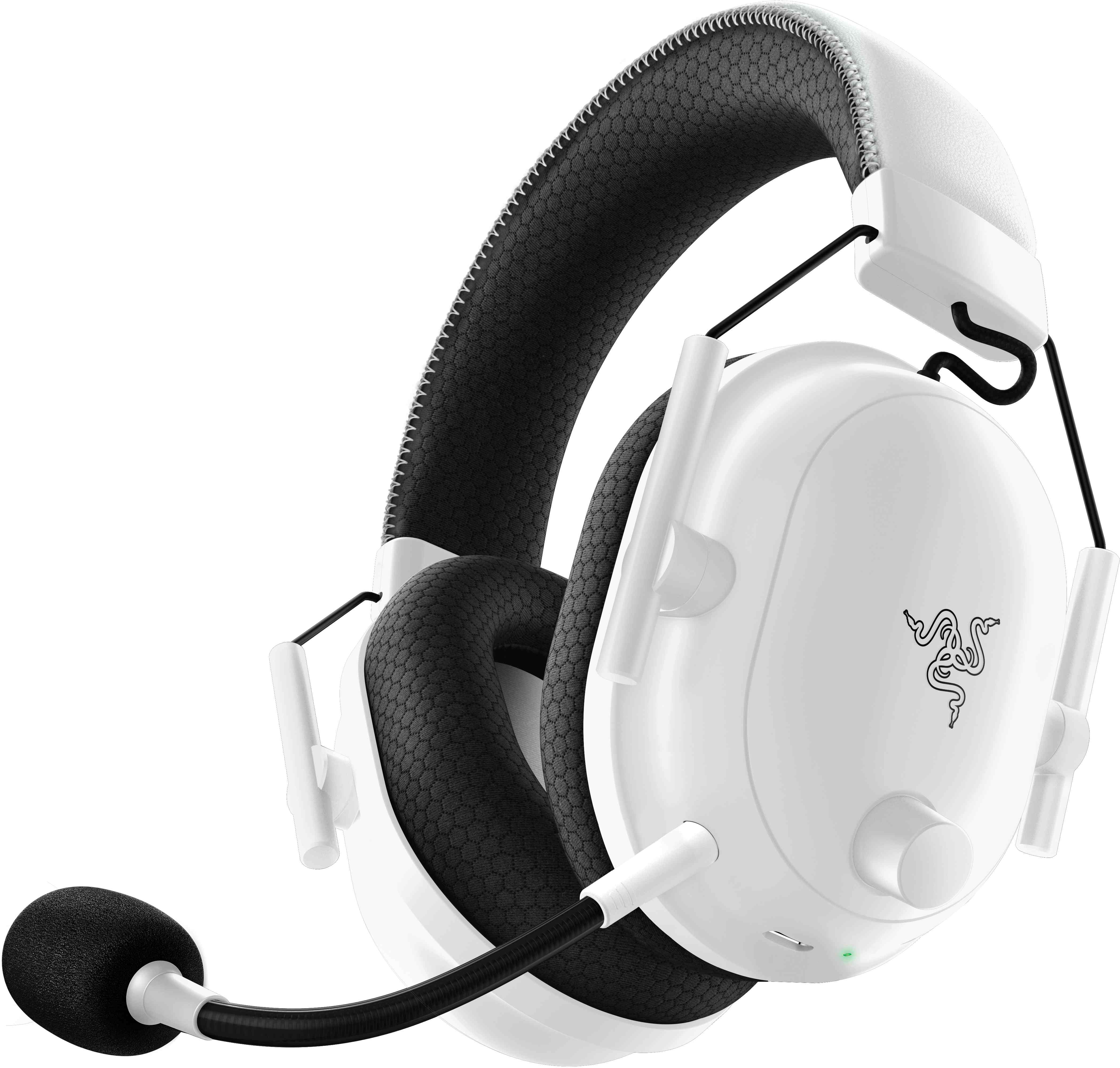 Weißes Gaming-Headset mit Mikrofon, Razer-Logo auf der Ohrmuschel.