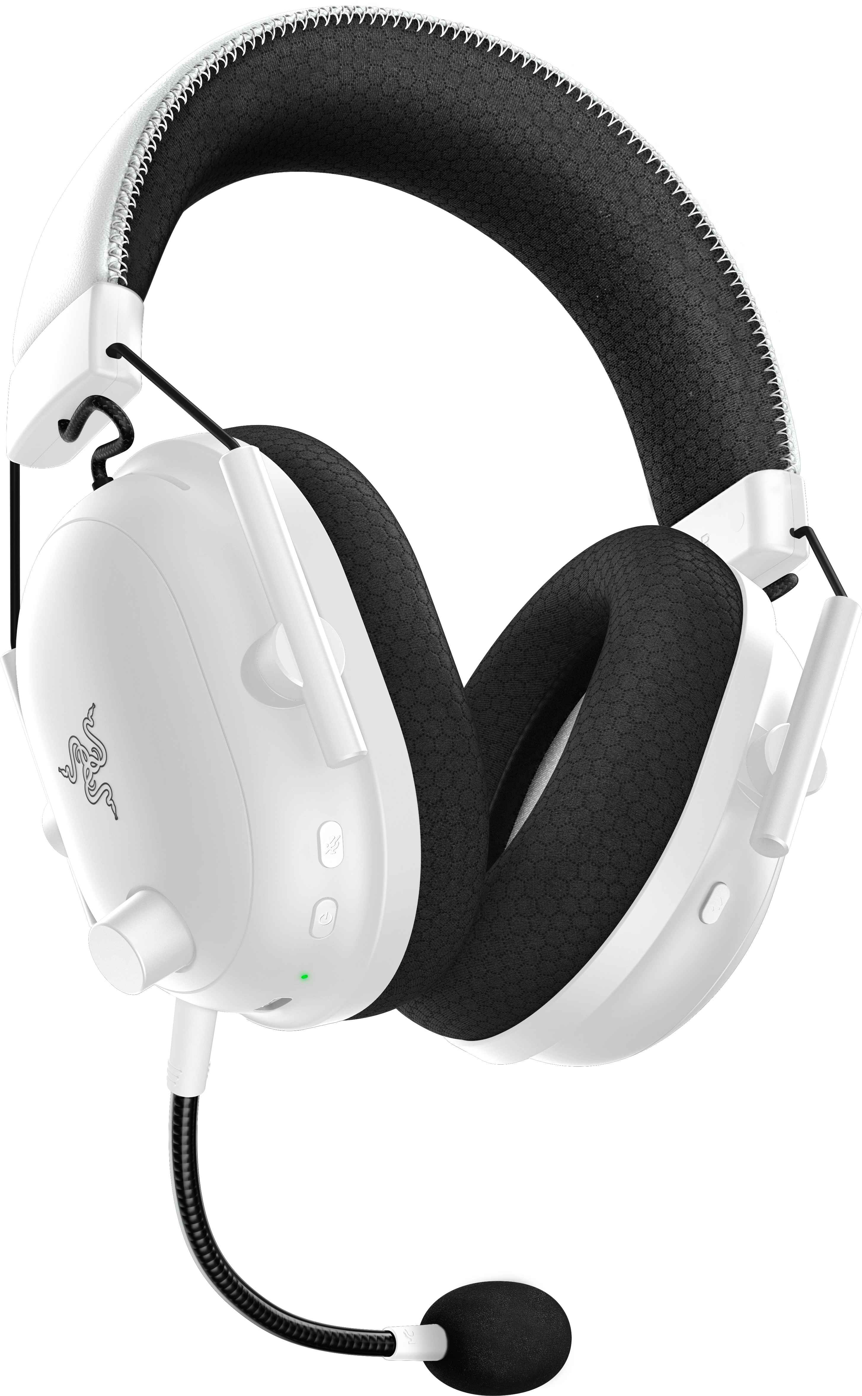 Weißes und schwarzes Gaming-Headset mit Mikrofon. Das Headset hat ein Razer-Logo darauf.