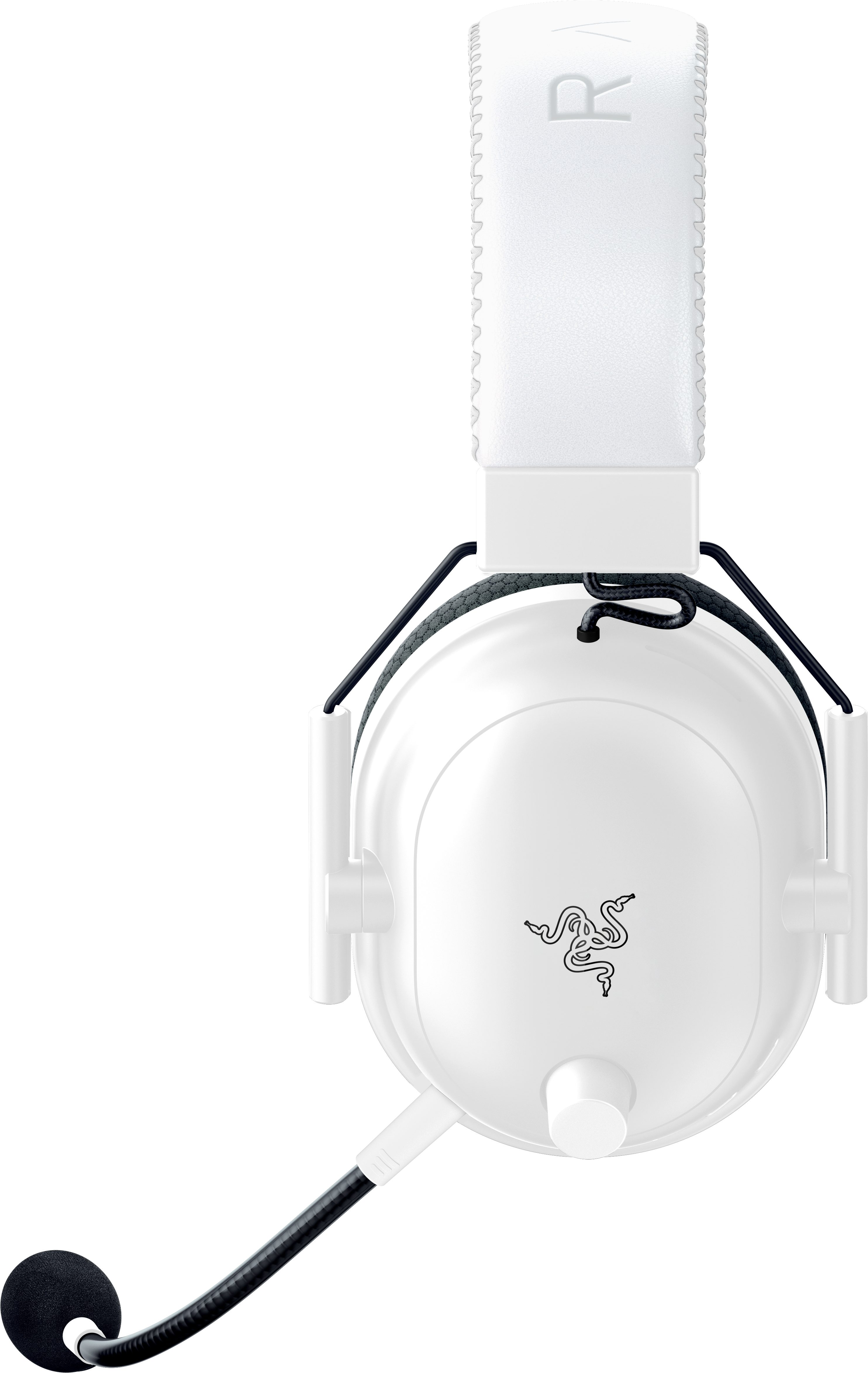 Weißes und schwarzes Headset mit Mikrofon. Razer-Logo auf der Seite des Ohrmuschels.