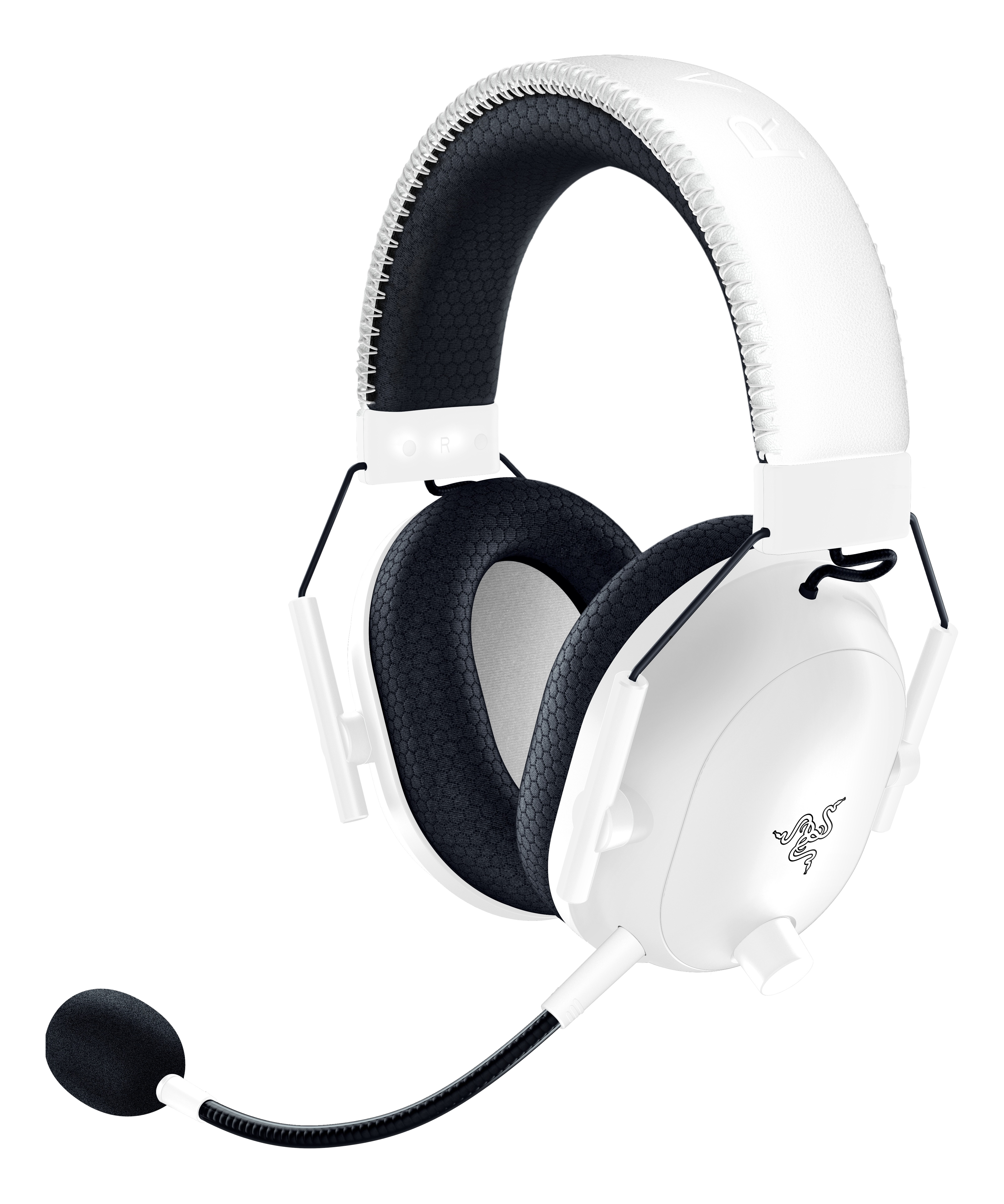 Weißes und schwarzes Gaming-Headset. Das Mikrofon ist schwarz. Razer-Logo auf dem rechten Ohr.