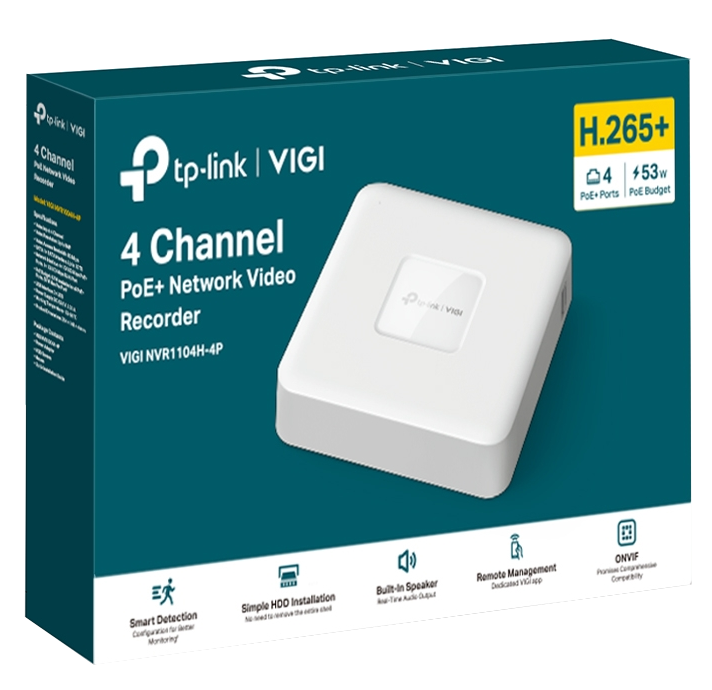 TP-Link VIGI 4 csatornás PoE+ hálózati videó rögzítő doboz termék részletekkel.
