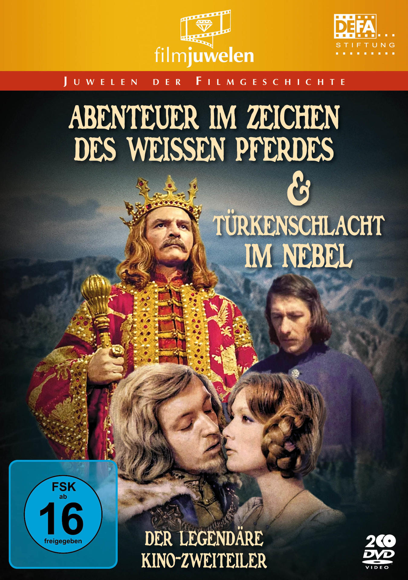 DVD-Cover: Abenteuerfilm mit Schauspielern, einem König und Text auf Deutsch.