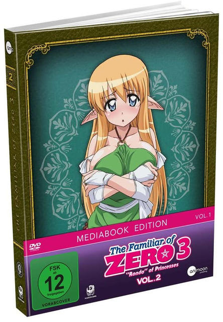 DVD-Cover von 'The Familiar of Zero 3'. Es zeigt ein blondes Elfenmädchen in grüner Kleidung. Text enthält 'VOL. 2' und 'MEDIABOOK EDITION'.