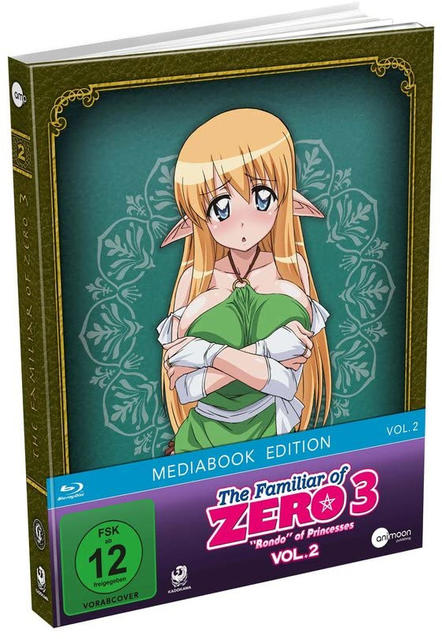 Ein Medienbuchcover für "The Familiar of Zero 3". Es zeigt ein Anime-Mädchen mit blonden Haaren und grünem Kleid. Der Titel ist rosa.