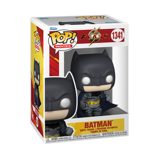 Figura de Batman Funko Pop en una caja. La figura es gris y negra, sosteniendo un arma.