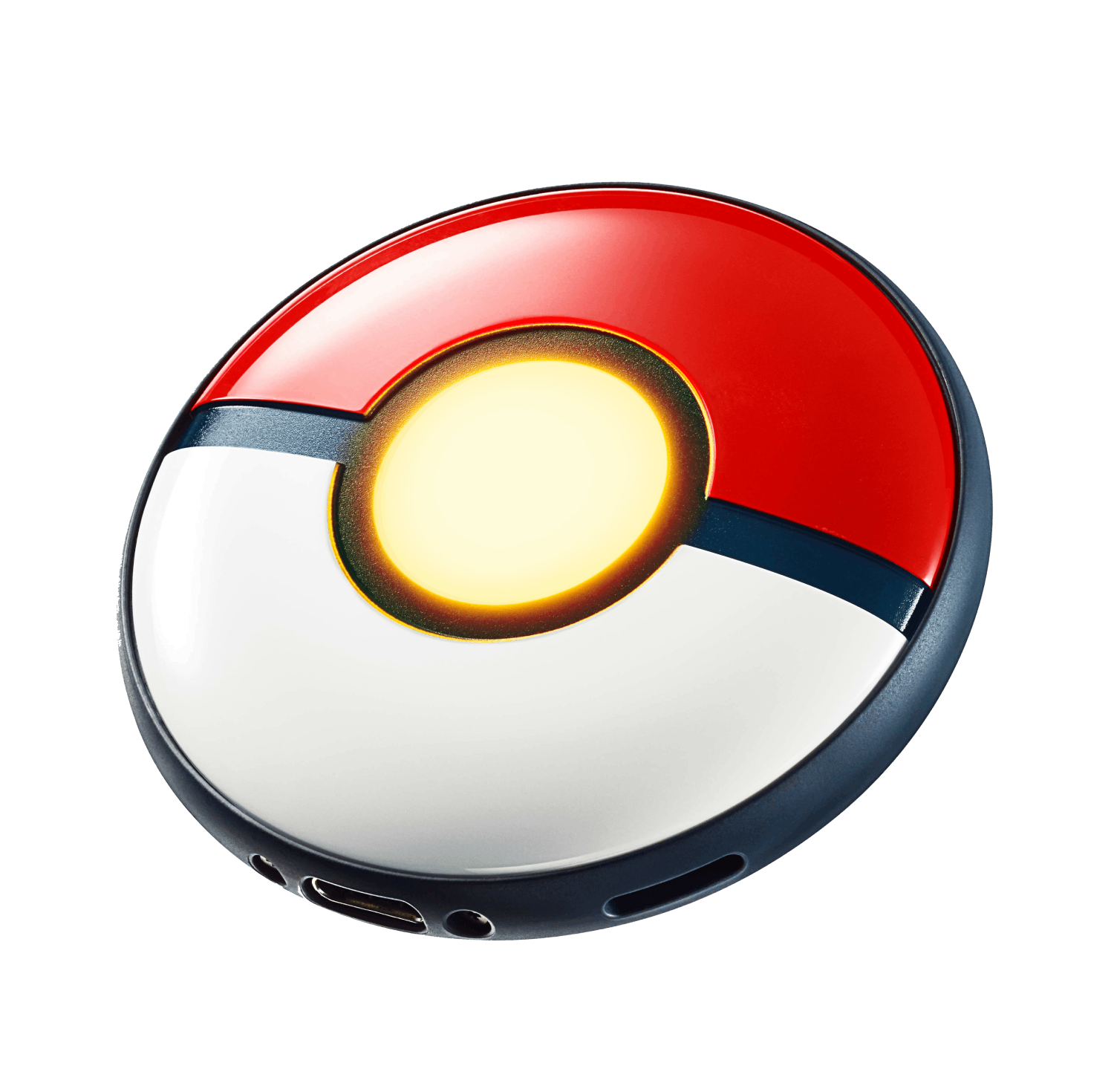 Dispositivo rojo y blanco en forma de Pokeball, con centro amarillo y borde azul oscuro.