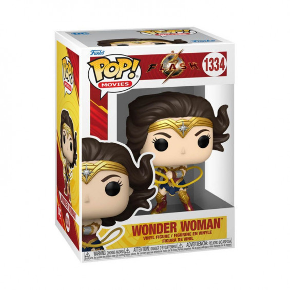 Figura de Wonder Woman Funko Pop en una caja. La figura tiene cabello castaño y accesorios dorados.