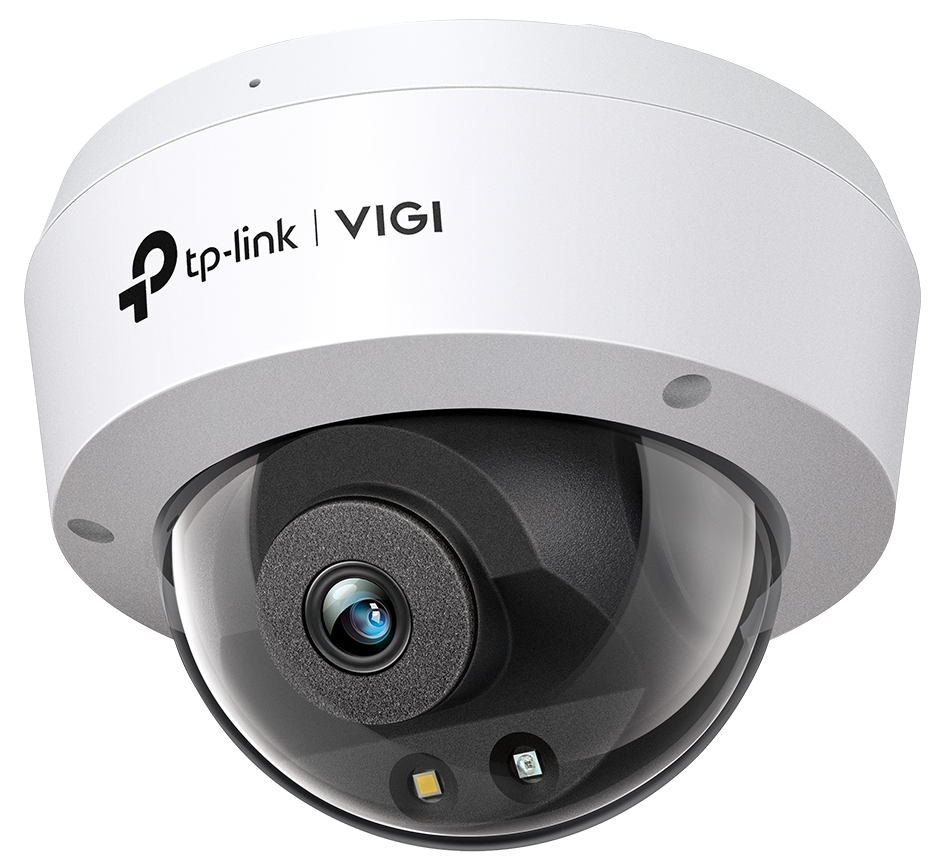 Dóm alakú biztonsági kamera. Fehér, sötét, átlátszó dóm. TP-Link logó felül.