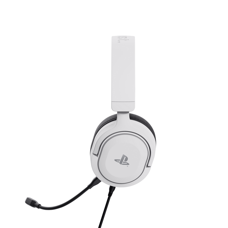 Fehér gamer headset mikrofonnal, semleges háttér előtt.