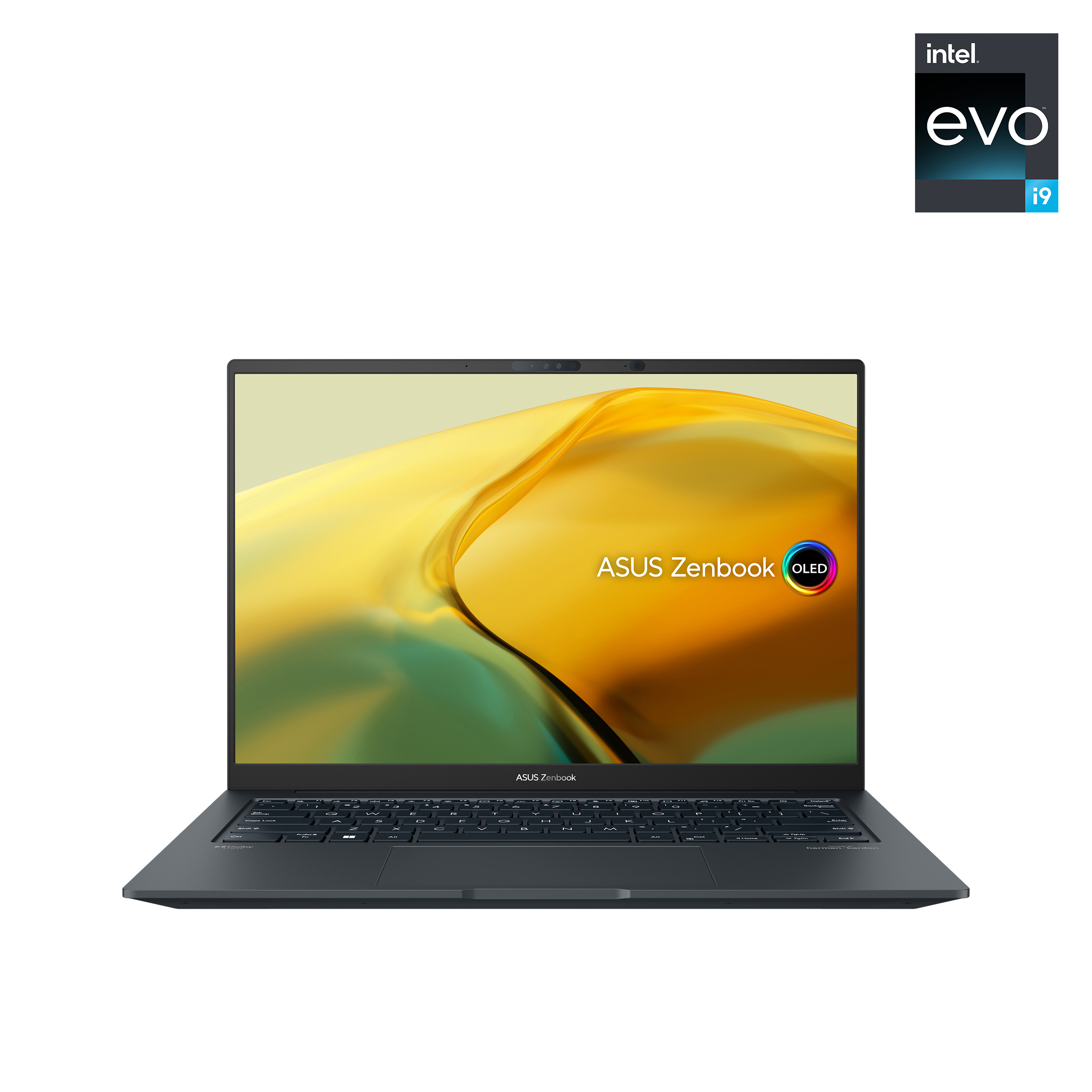 Ein Laptop mit schwarzem Rahmen, der Bildschirm zeigt eine gelb-orange Landschaft, mit Intel Logo.