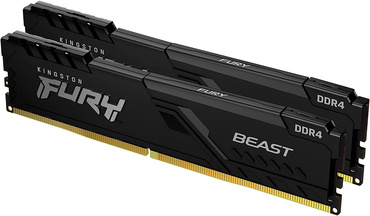 Két fekete Kingston Fury Beast DDR4 RAM modul, logókkal és szöveggel, ferde nézet.