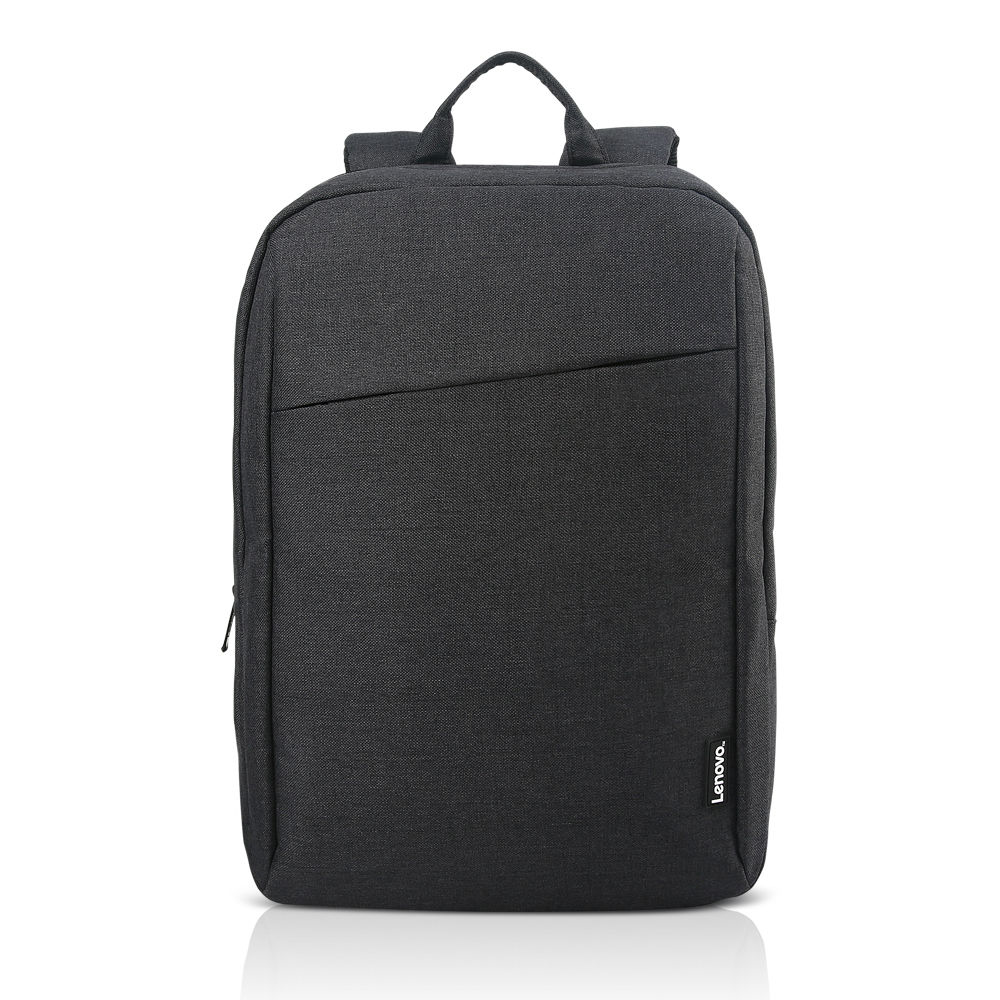 Una mochila negra con un solo bolsillo frontal y un asa en la parte superior.