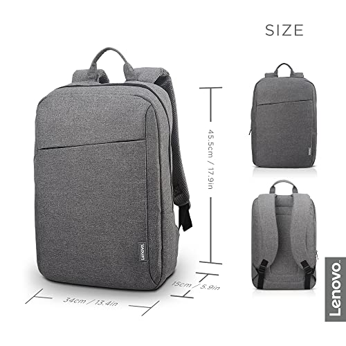 Mochila Lenovo gris con dimensiones indicadas.