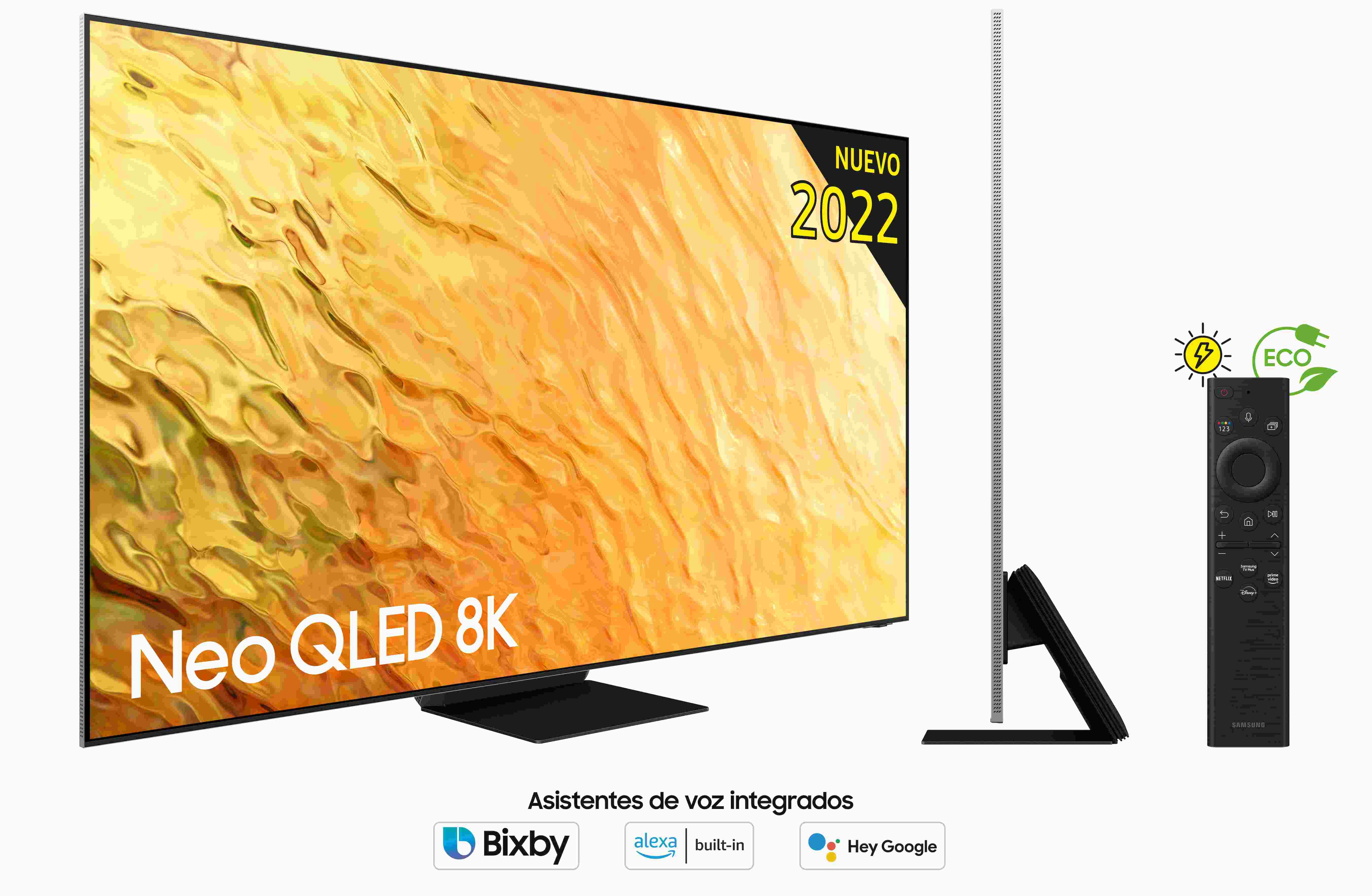 Samsung Neo QLED 8K TV, con mando y etiqueta eco. Vista lateral y frontal mostradas.