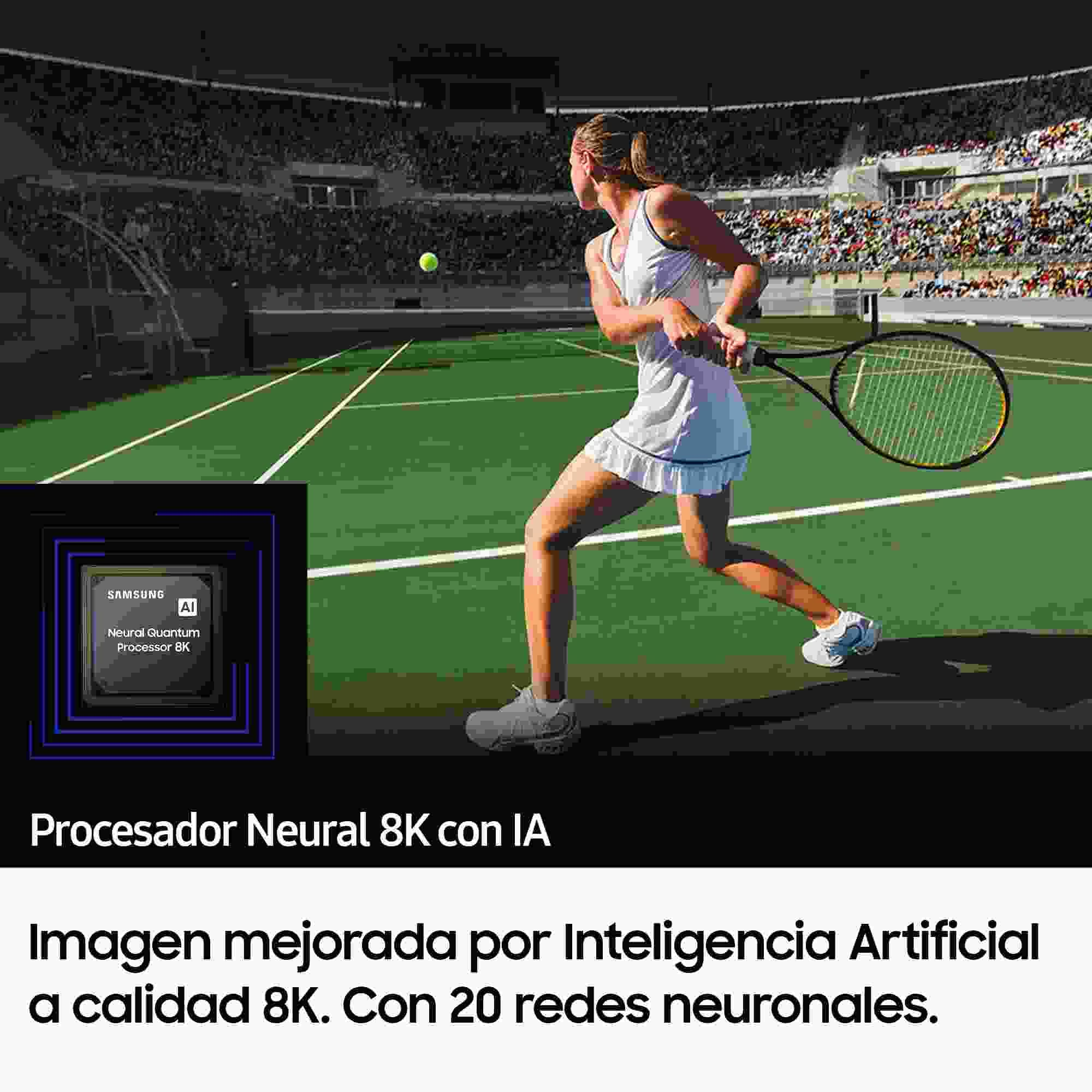 Jugadora de tenis en acción, con gráfico sobre procesamiento IA.