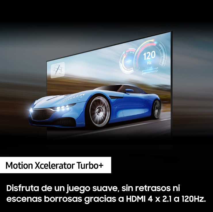 Una pantalla de TV muestra un coche, con texto. El fondo es oscuro con texto en la parte inferior.