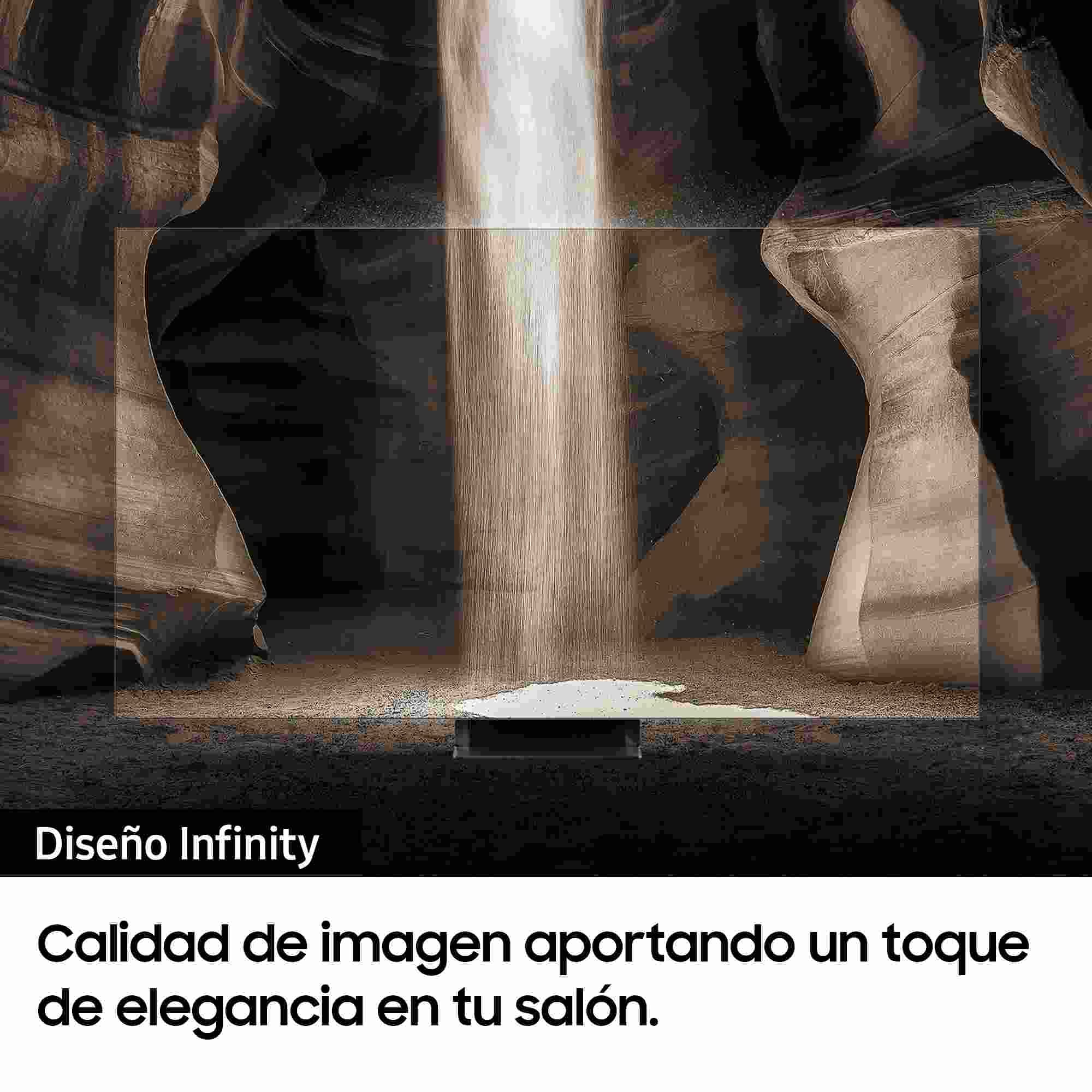 Una pantalla de TV que muestra una escena de cascada con texto "Diseño Infinity" y "Calidad de imagen...".