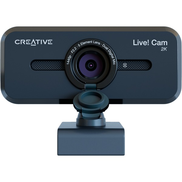 Una cámara web Creative Live! Cam 2K negra con un micrófono digital dual.