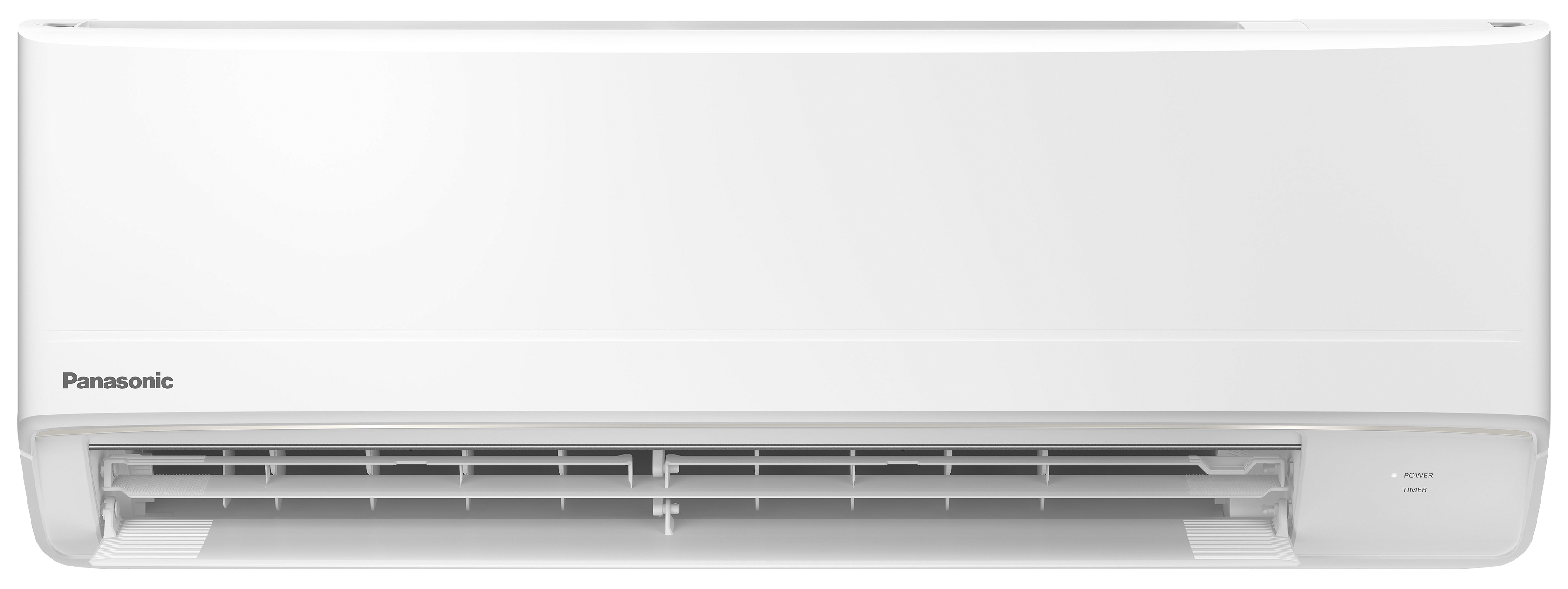 Un acondicionador de aire Panasonic blanco, con el nombre de la marca visible a la izquierda.