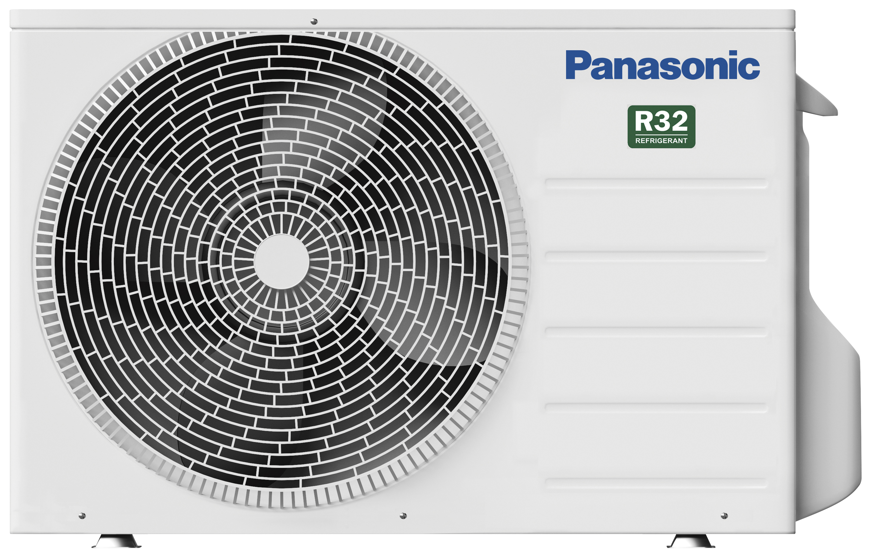 Una unidad de aire acondicionado Panasonic blanca con ventilador y refrigerante R32.