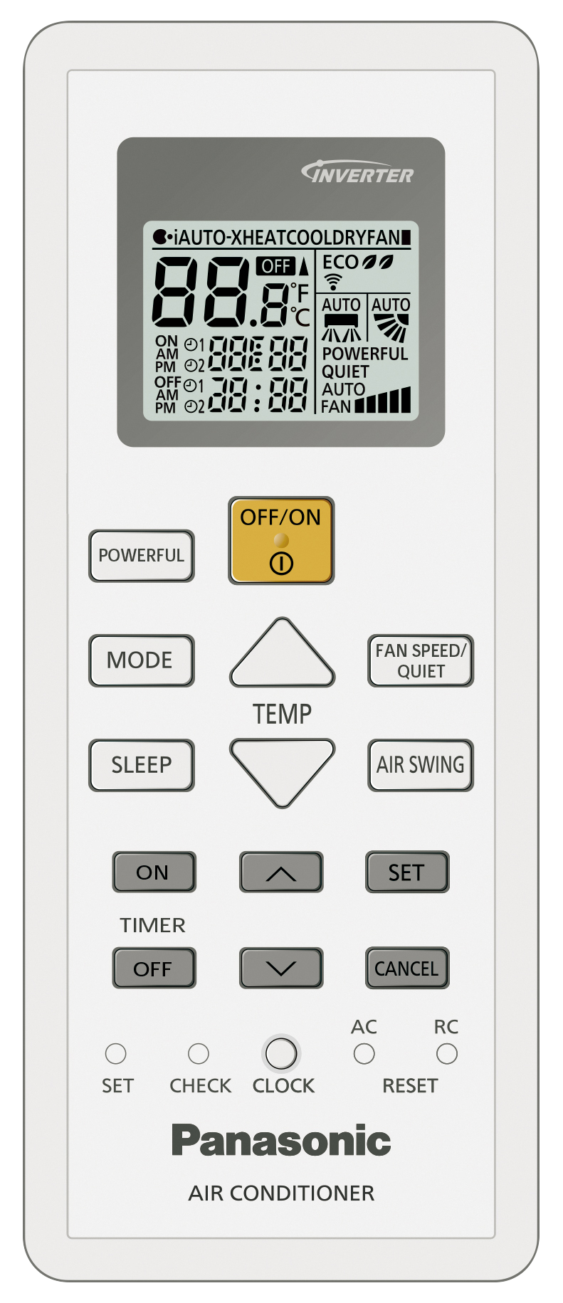 Mando a distancia de aire acondicionado blanco con botones: Power, Mode, Temp, Sleep, Fan, Timer, Air Swing y Set.