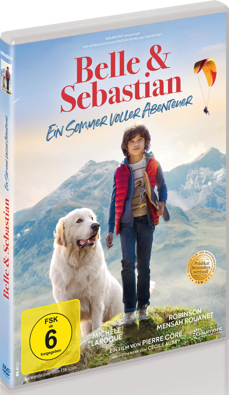 DVD-Hülle des Films 'Belle & Sebastian', zeigt einen Jungen und einen Hund, die zusammen stehen, mit Fallschirm im Hintergrund.