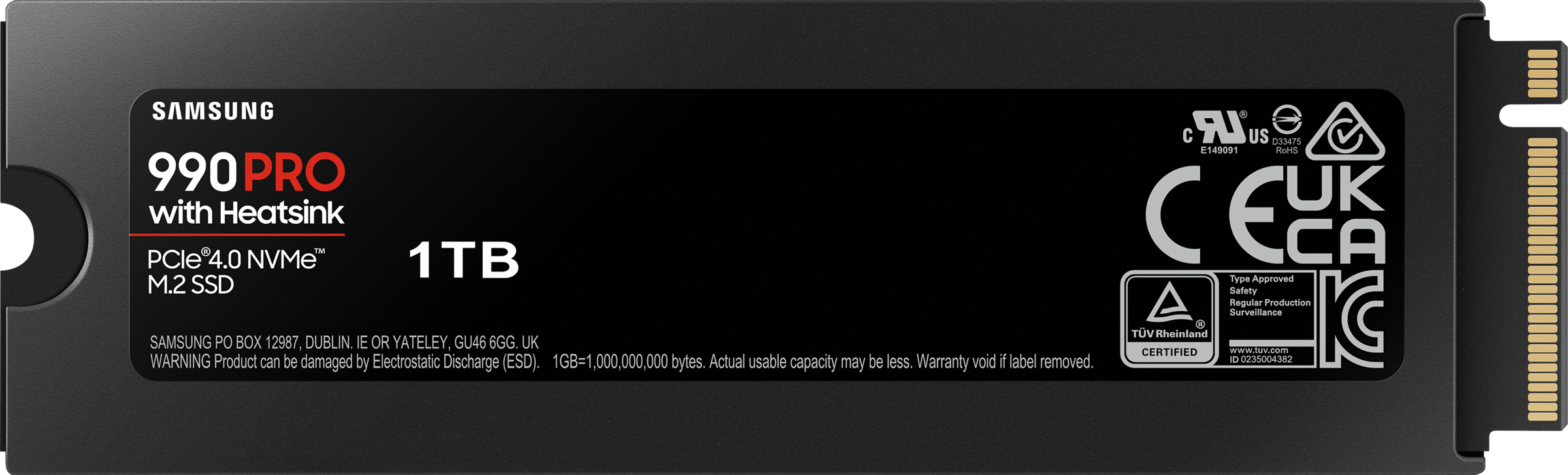 Schwarze Samsung 990 PRO NVMe M.2 SSD mit Kühlkörper und 1TB Kapazität.