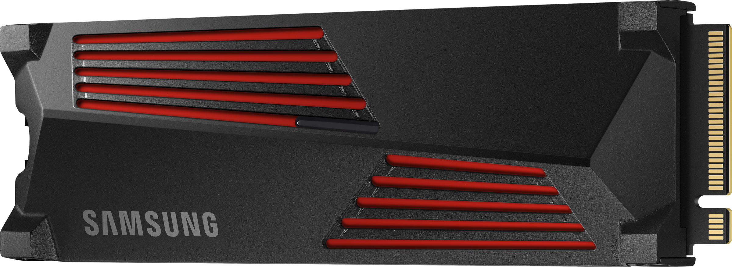 Schwarze Samsung SSD mit roten Akzenten. Abgewinkeltes Design. Samsung-Logo.