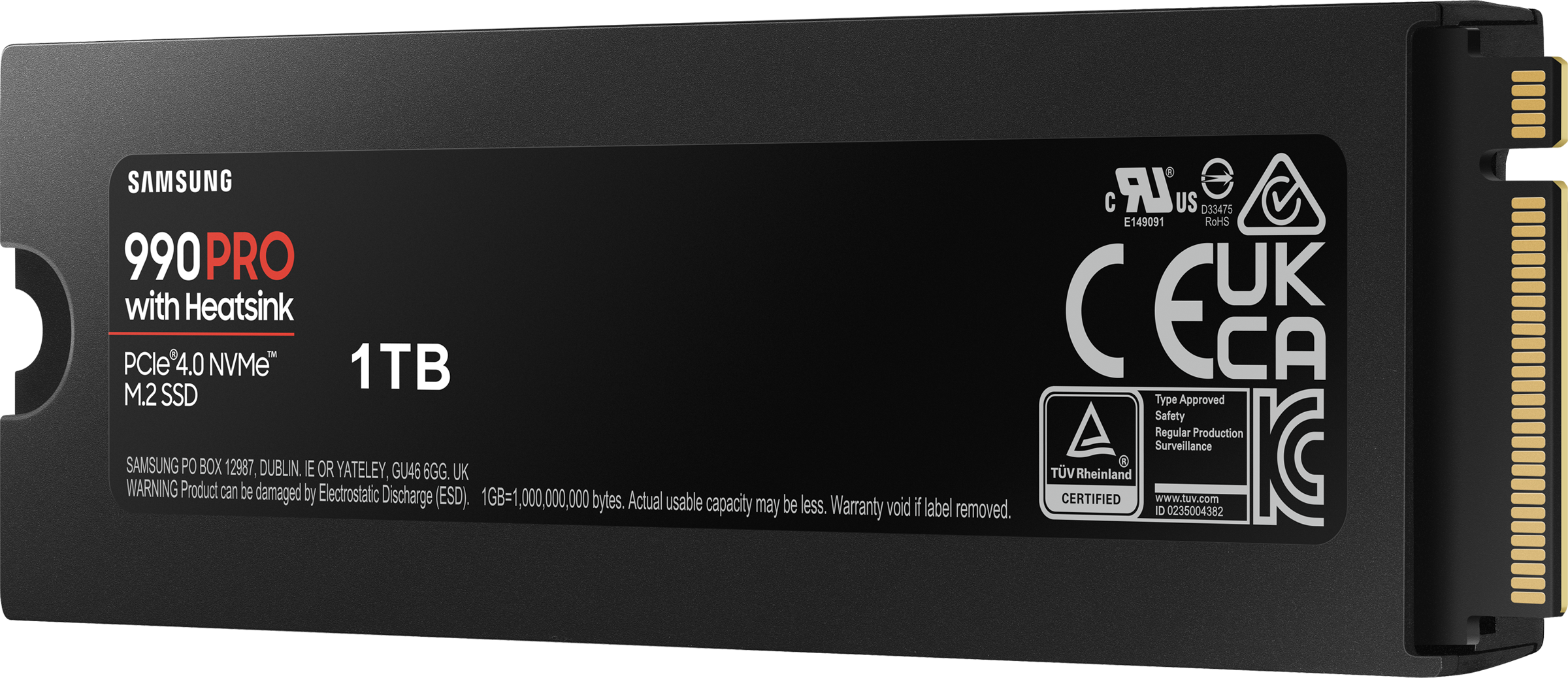 Schwarze 990 PRO SSD mit Kühlkörper, 1 TB, mit Text und Etikettendetails.