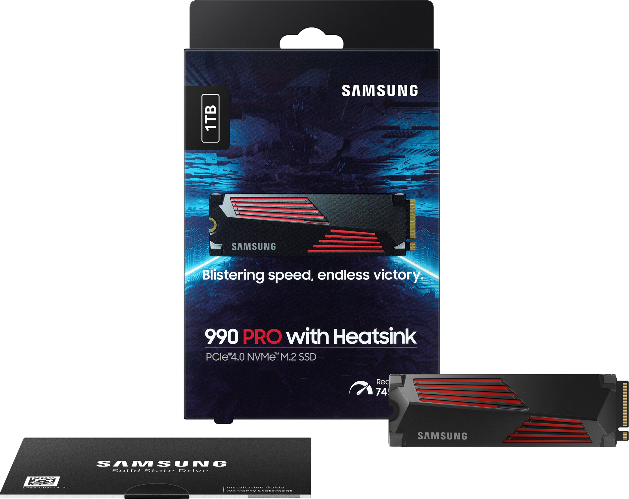 SSD-Paket mit Laufwerk und Box; Worte 'Samsung' und '1TB'.