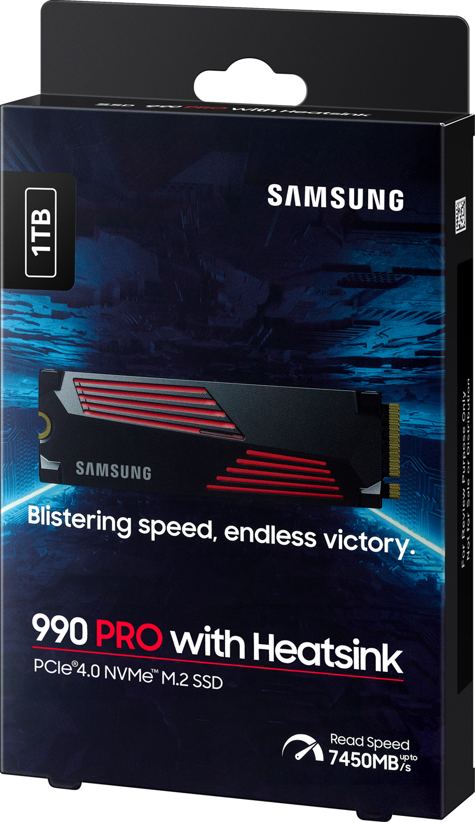 Samsung 990 PRO SSD in einer Box, schwarzes und rotes Design.