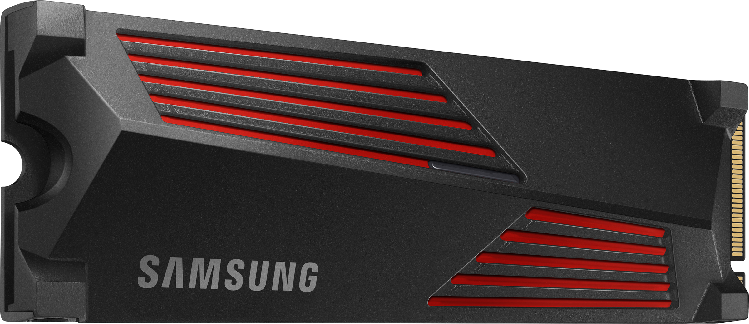 SSD NVMe Samsung noir et rouge, avec le mot SAMSUNG sur le devant.