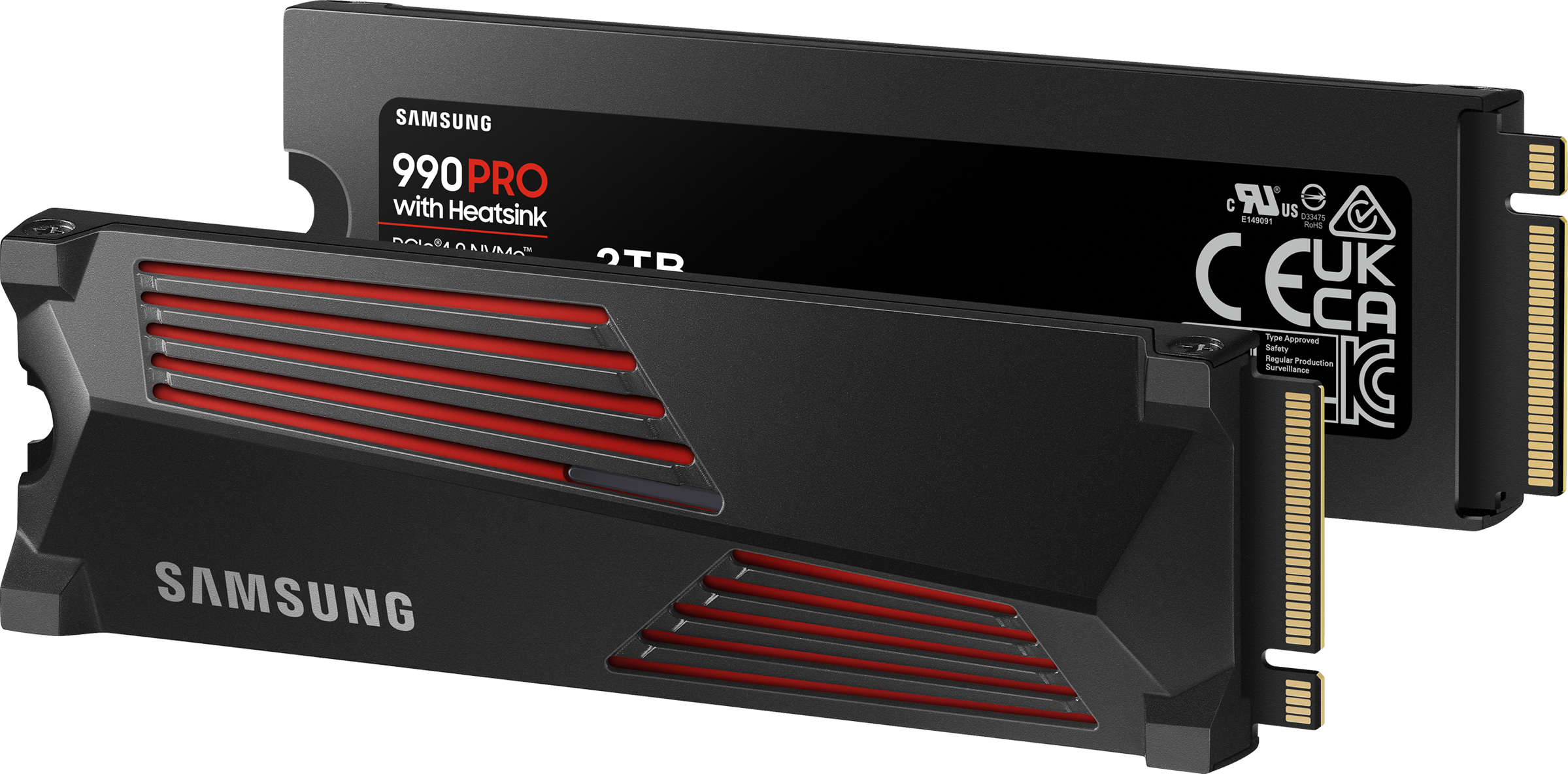 Deux SSD Samsung 990 Pro noirs avec des accents rouges. L'un est devant l'autre.