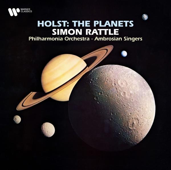 Album borító: Bolygók, a gyűrűs Szaturnusz és két hold. Cím: Holst: The Planets. Előadó: Simon Rattle, Philharmonia Orchestra, Ambrosian Singers.