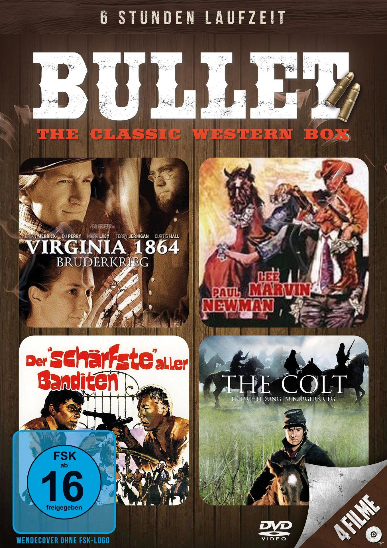 Filmcover mit mehreren Filmstills. Text: BULLET, THE CLASSIC WESTERN BOX. Rating-Logo.
