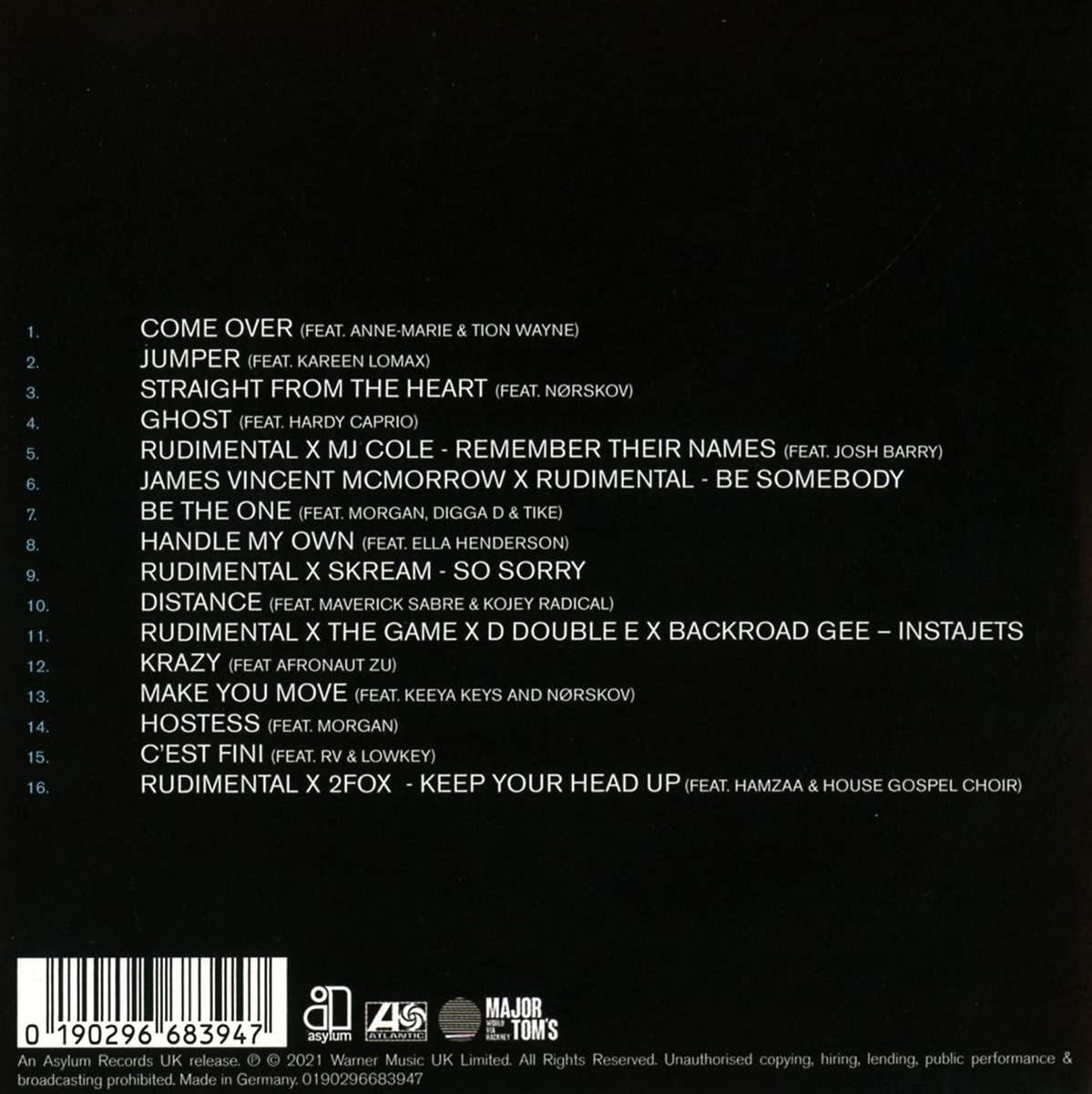 Egy zenei CD hátlapja a dalok listájával és egy albumcímkével.