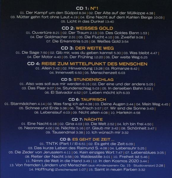 Ein Menü mit acht Titeln pro CD, das die Songs auflistet.