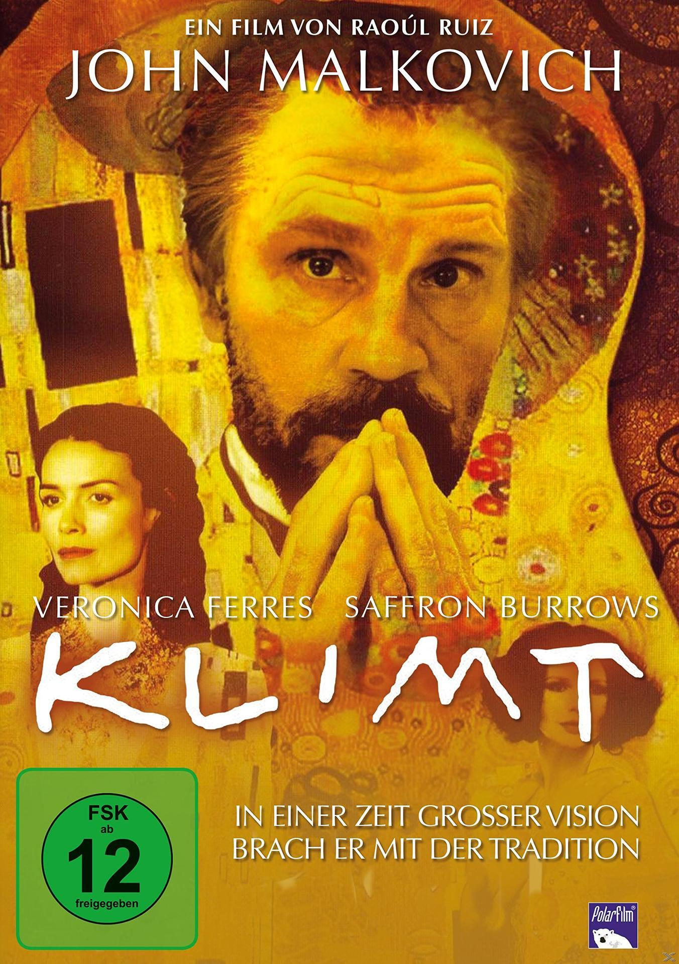Filmposter für Klimt. John Malkovich ist mit anderen Schauspielern zu sehen. Gelb- und Goldtöne dominieren.