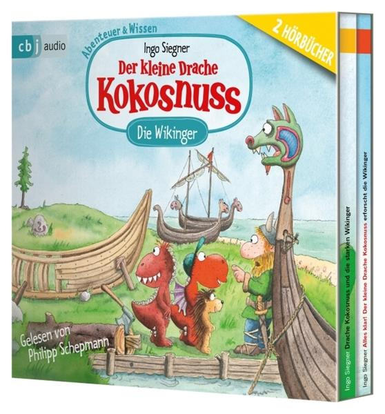 Kinderbuchcover mit Drachen und Wikingern, farbenfrohe Illustration, weißer Hintergrund.