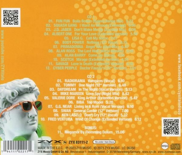 CD-Hülle Rückseite mit Titelliste, Skulptur und Logos in Orange und Weiß.