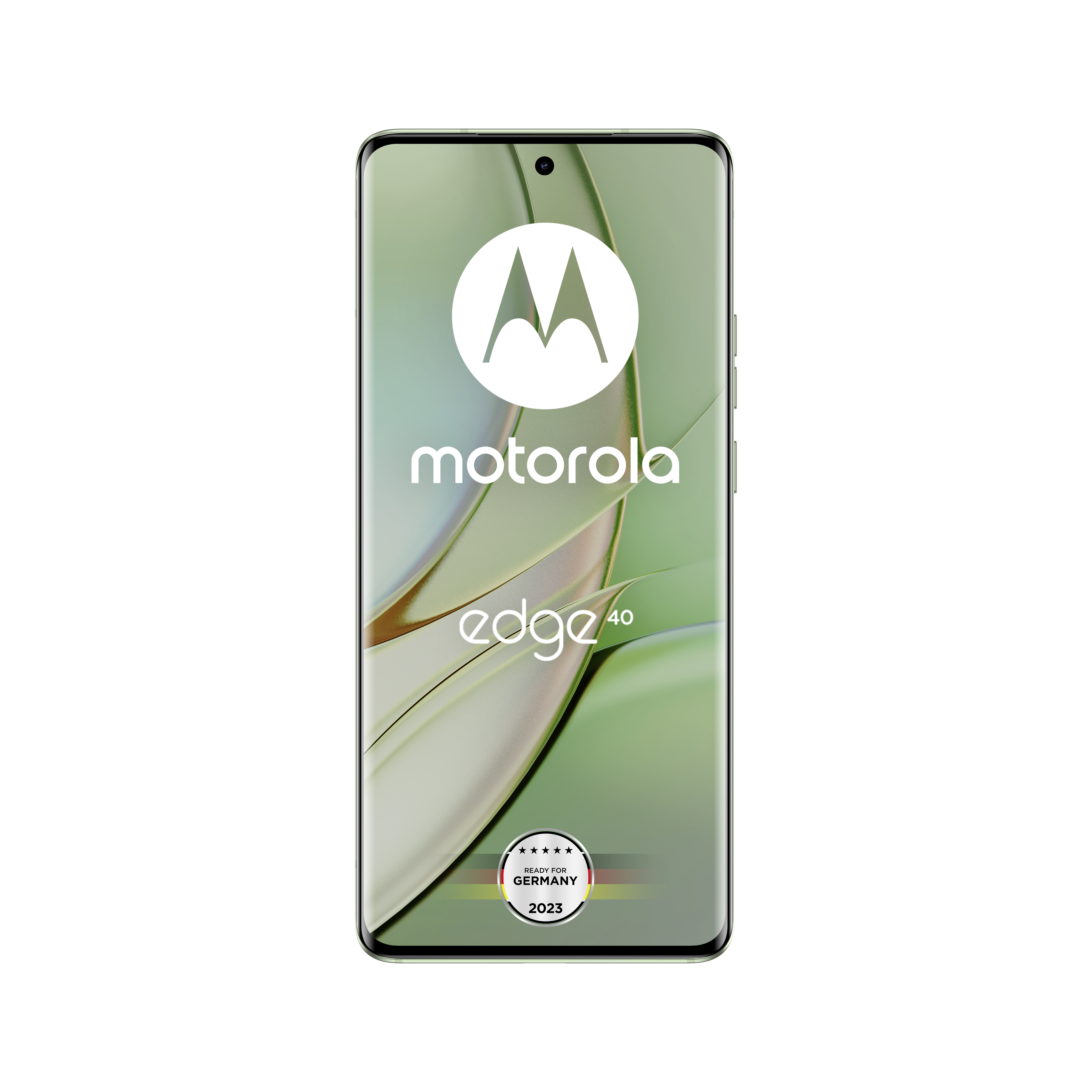 Ein schwarzes Motorola Edge 40 Telefon mit silbernem Rahmen, vertikal dargestellt.