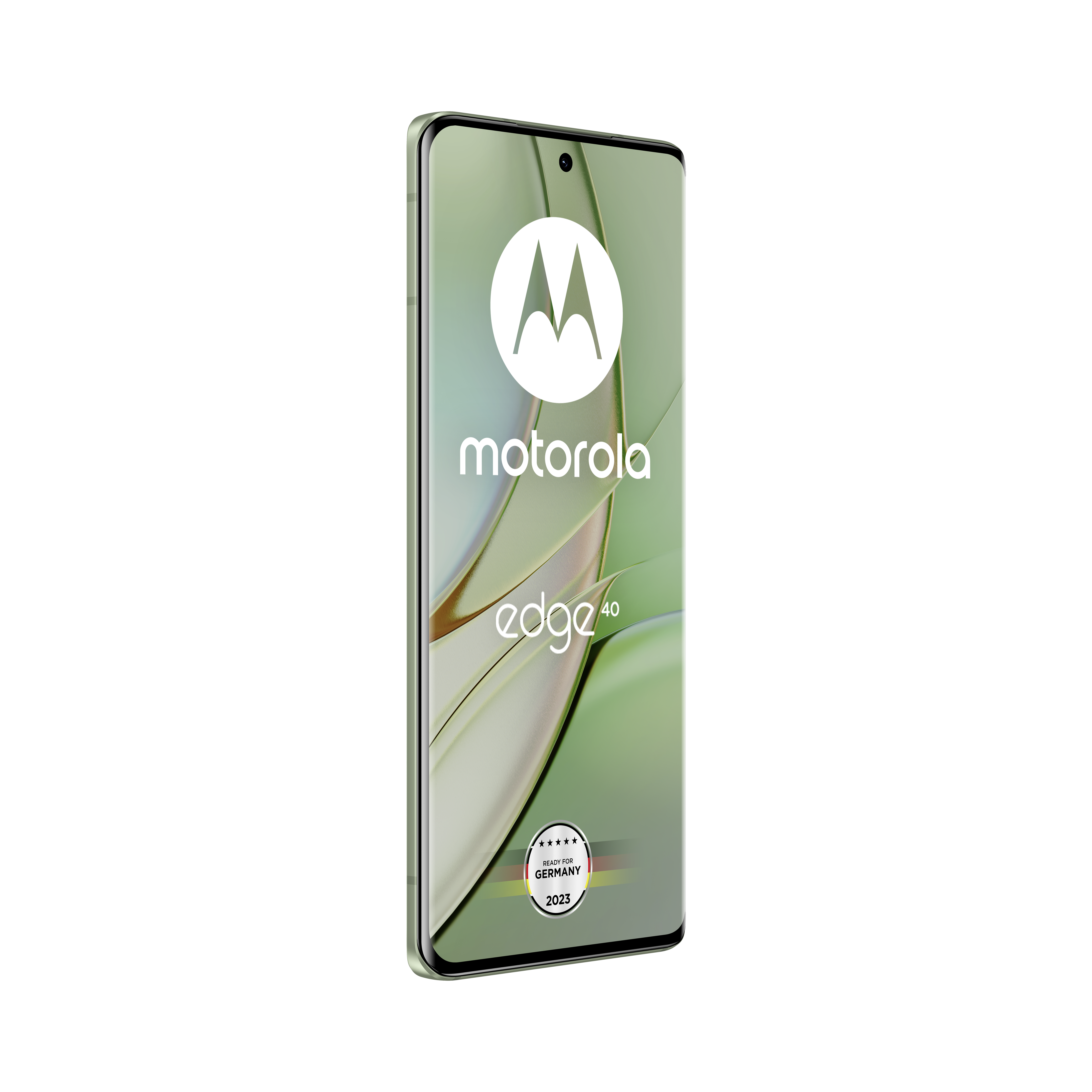 Grünes Motorola Edge 40 Telefon mit Kamera und Logo auf weißem Hintergrund.