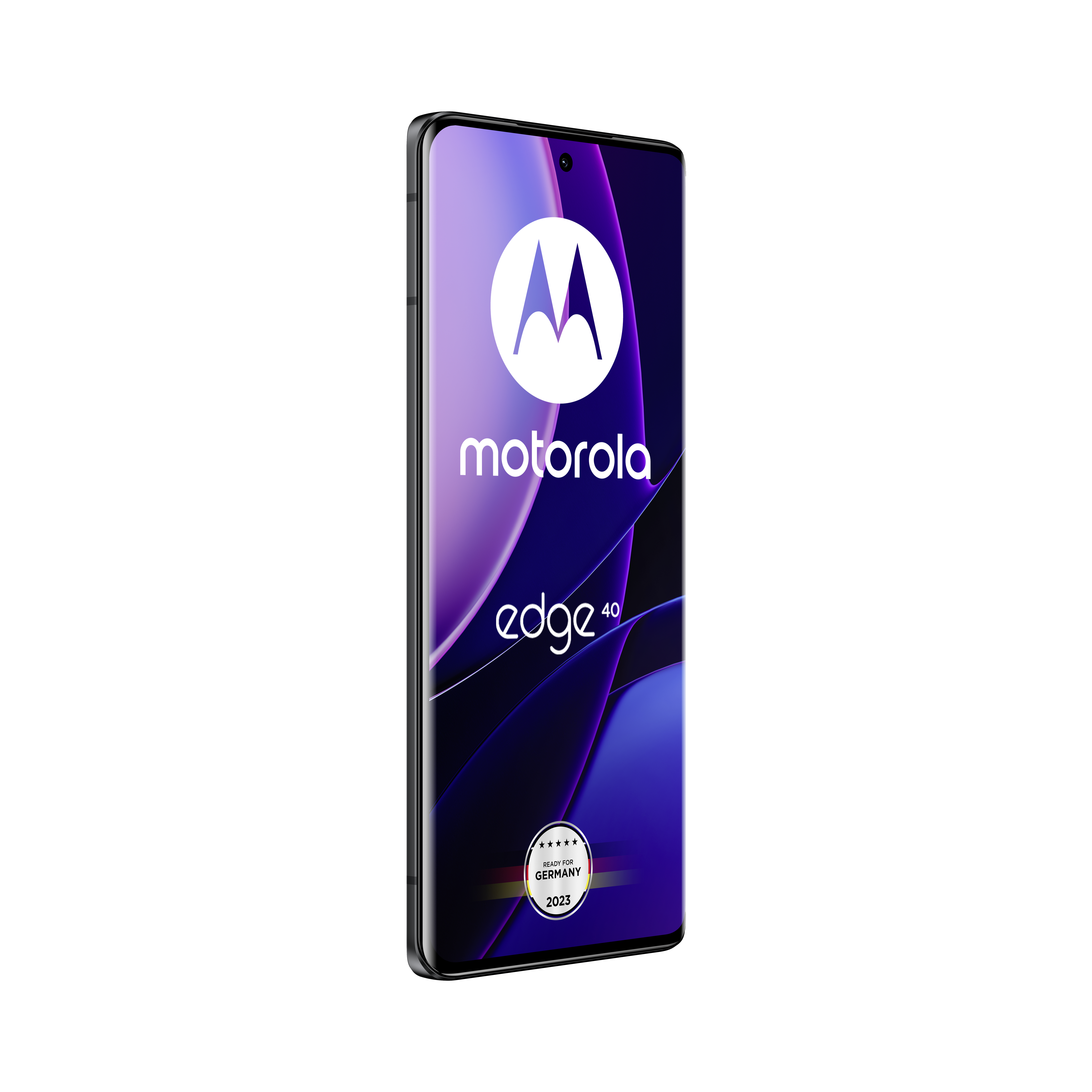 Ein Motorola Edge 40 Mobiltelefon mit lila Bildschirm, das Telefon ist in der Luft.