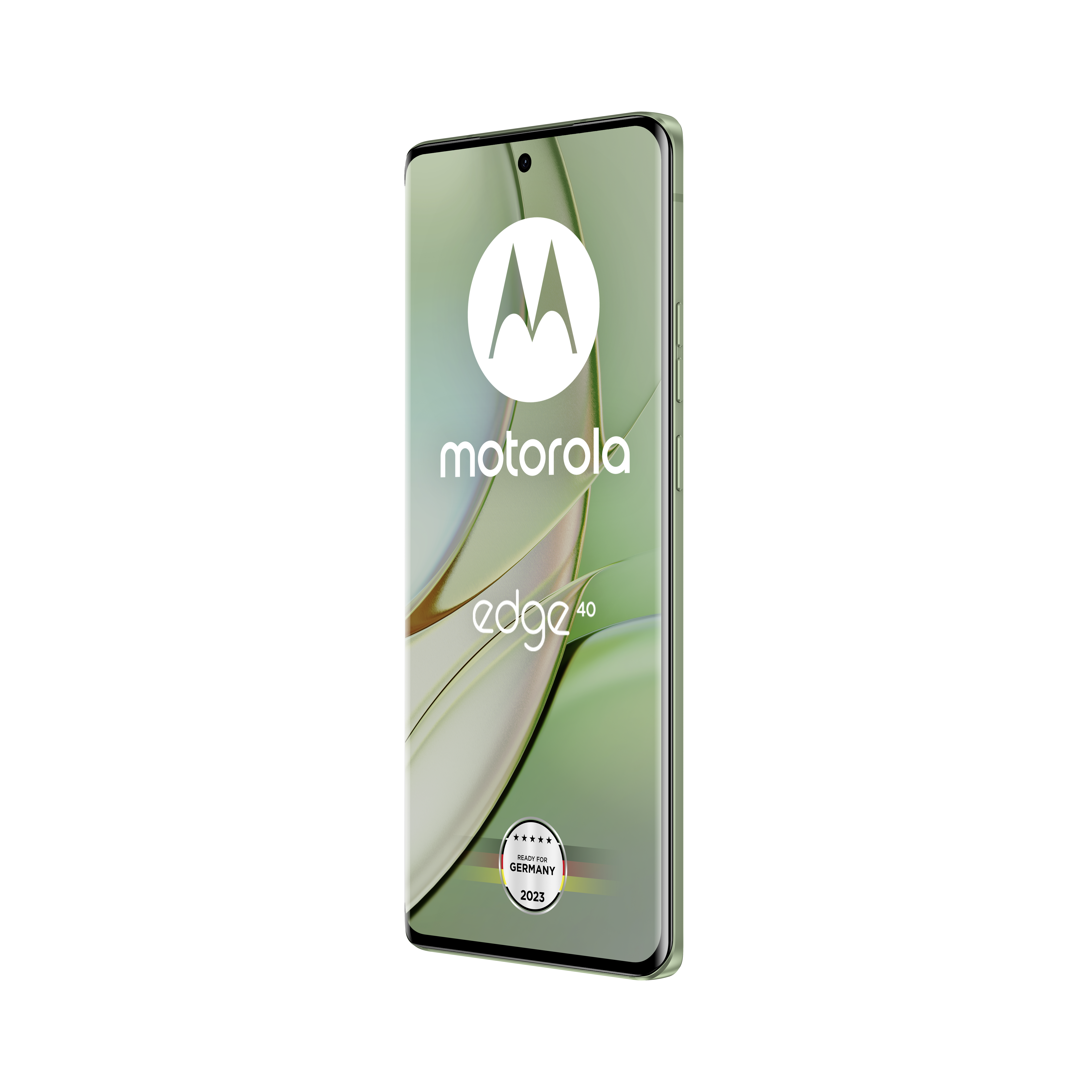 Grünes Motorola Edge 40 Telefon, Vorderansicht, auf weißem Hintergrund.