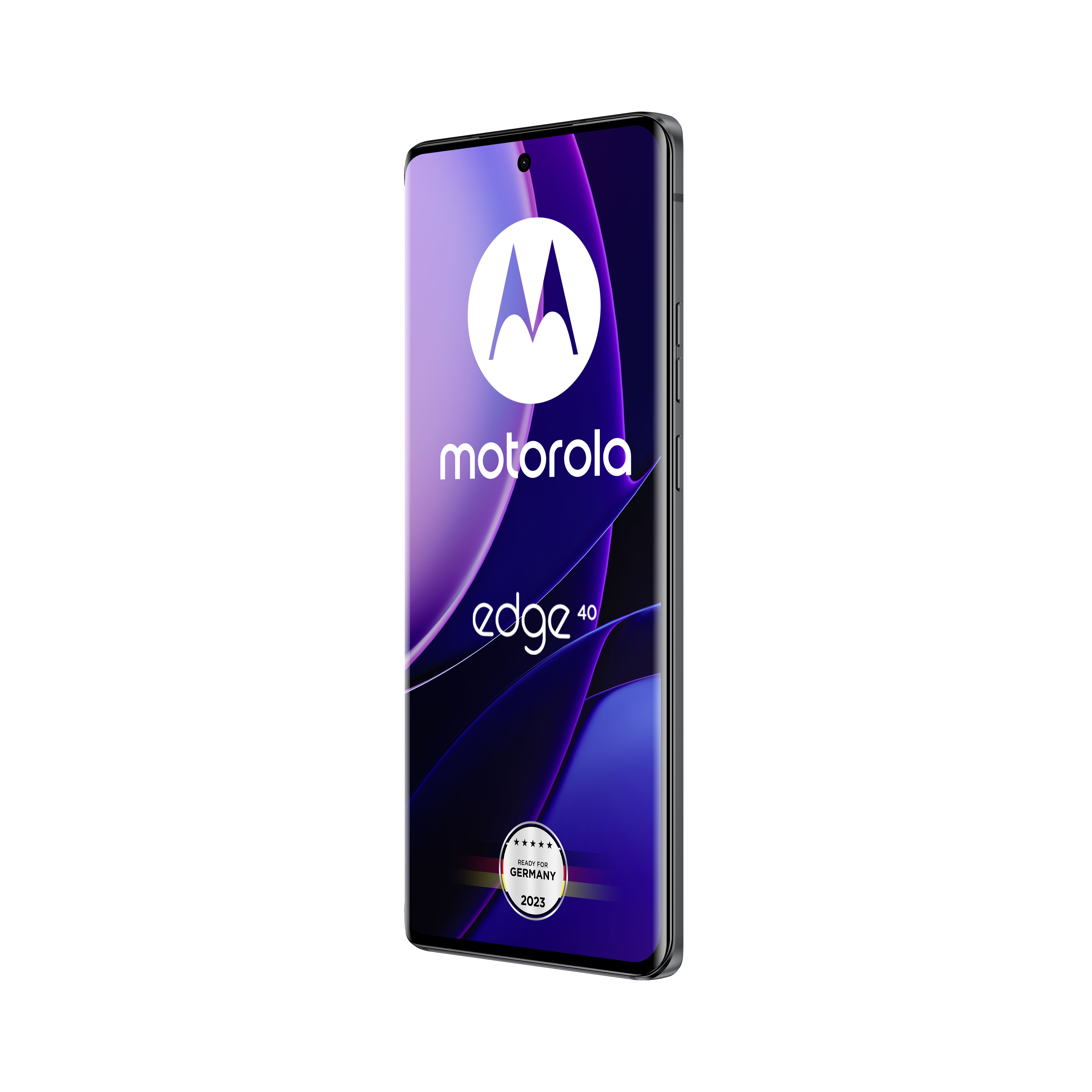 Ein schwarzes Smartphone mit lila Bildschirm, der das Motorola-Logo und 'edge 40' zeigt.